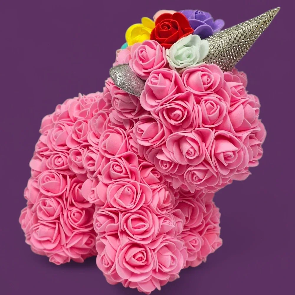 Rose Unicorn Gift - Pink Foam Flowers, Rainbow Mane, 
